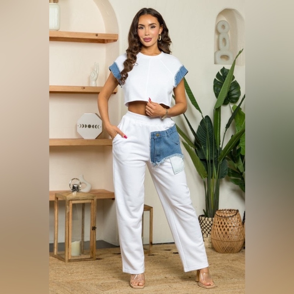 190. Francisca Pants with Denim Detail in White